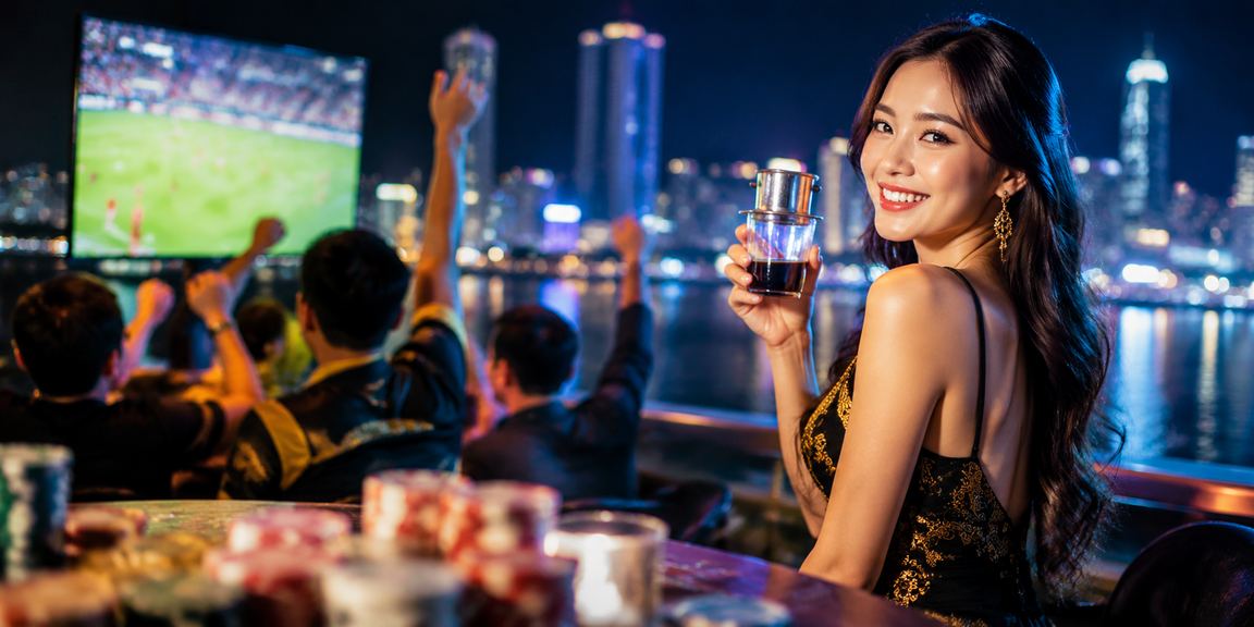 Người dùng xem kèo bóng đá tại Nha Trang trên điện thoại bên ly cà phê buổi sáng