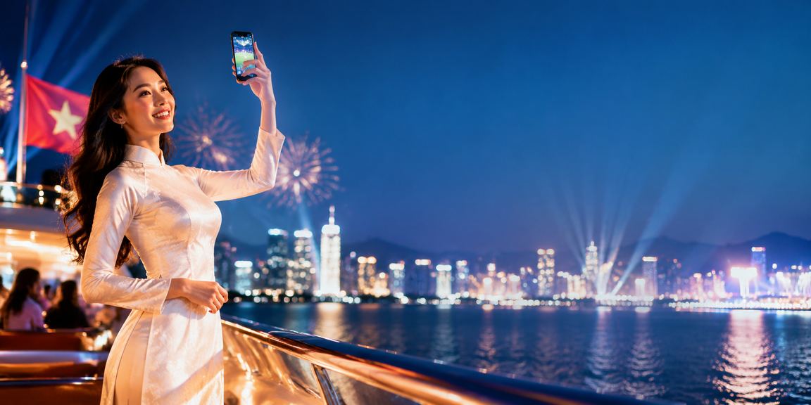 Người phụ nữ mặc áo dài tại Nha Trang trải nghiệm casino di động trên smartphone
