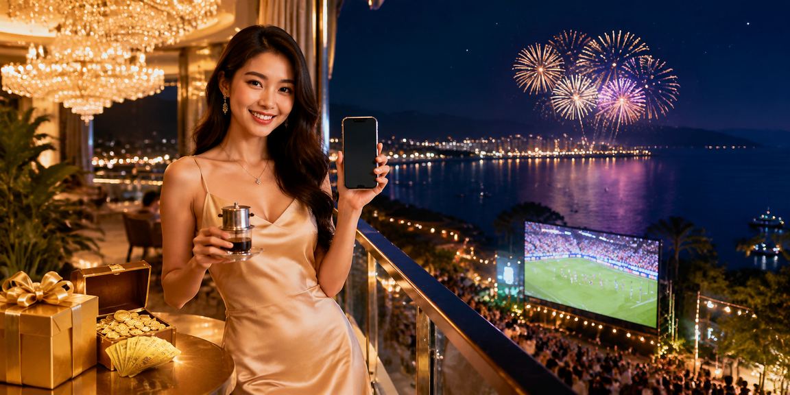 Người dùng tại Phú Quốc kiểm tra thông tin tài khoản và bonus trên điện thoại bên ly cà phê